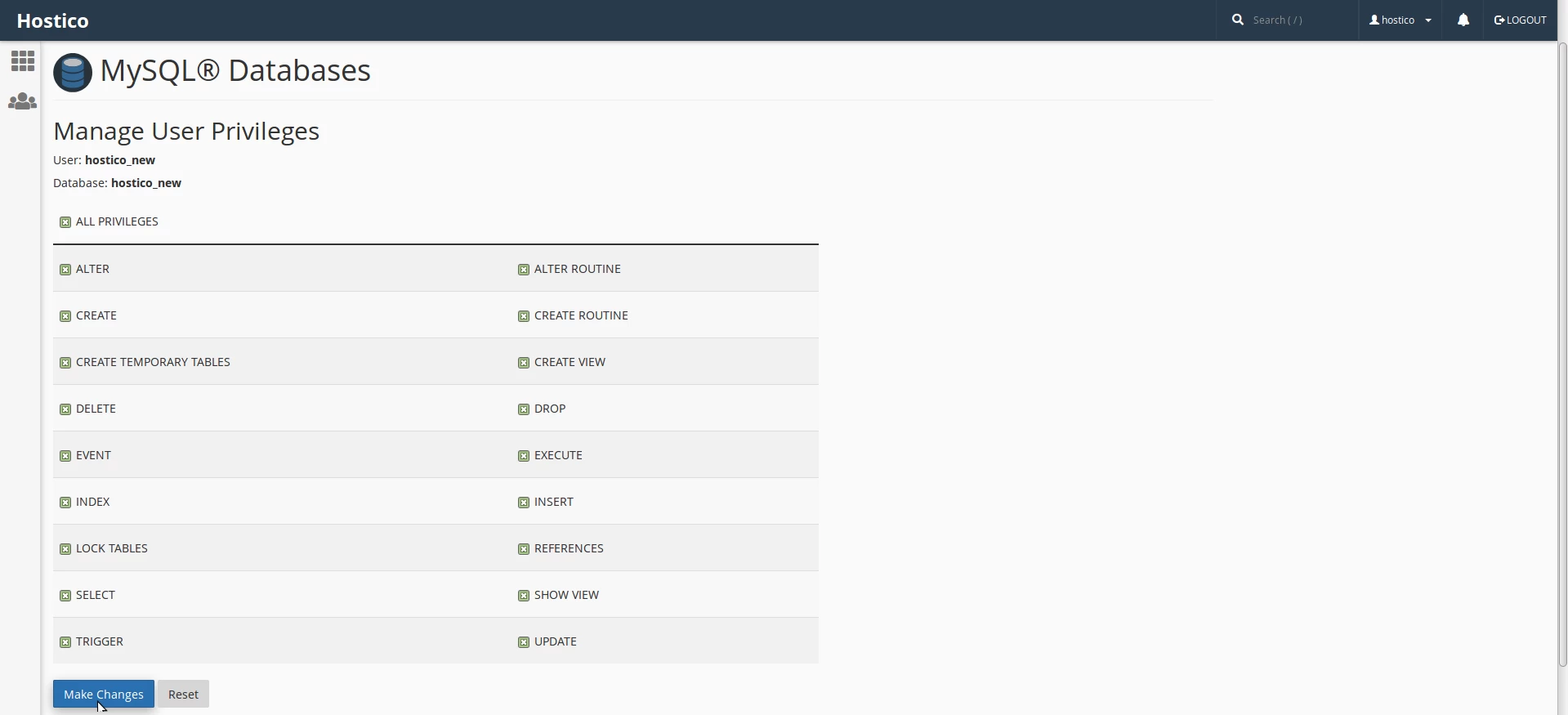 Database privileges cPanel