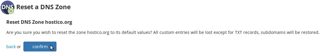 Confirmare resetare DNS zone