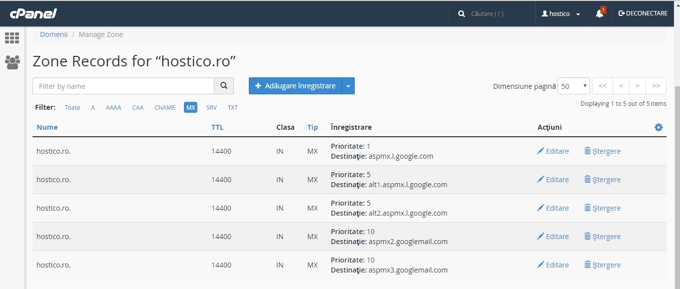 Setarile redirectionarea serverului e-mail