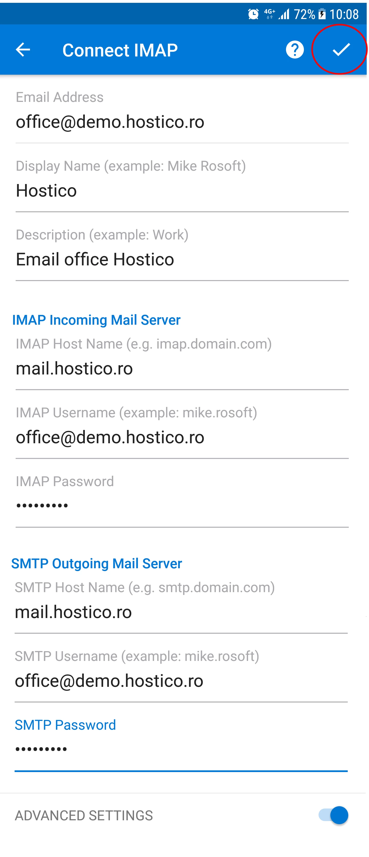 Completare campuri connect IMAP